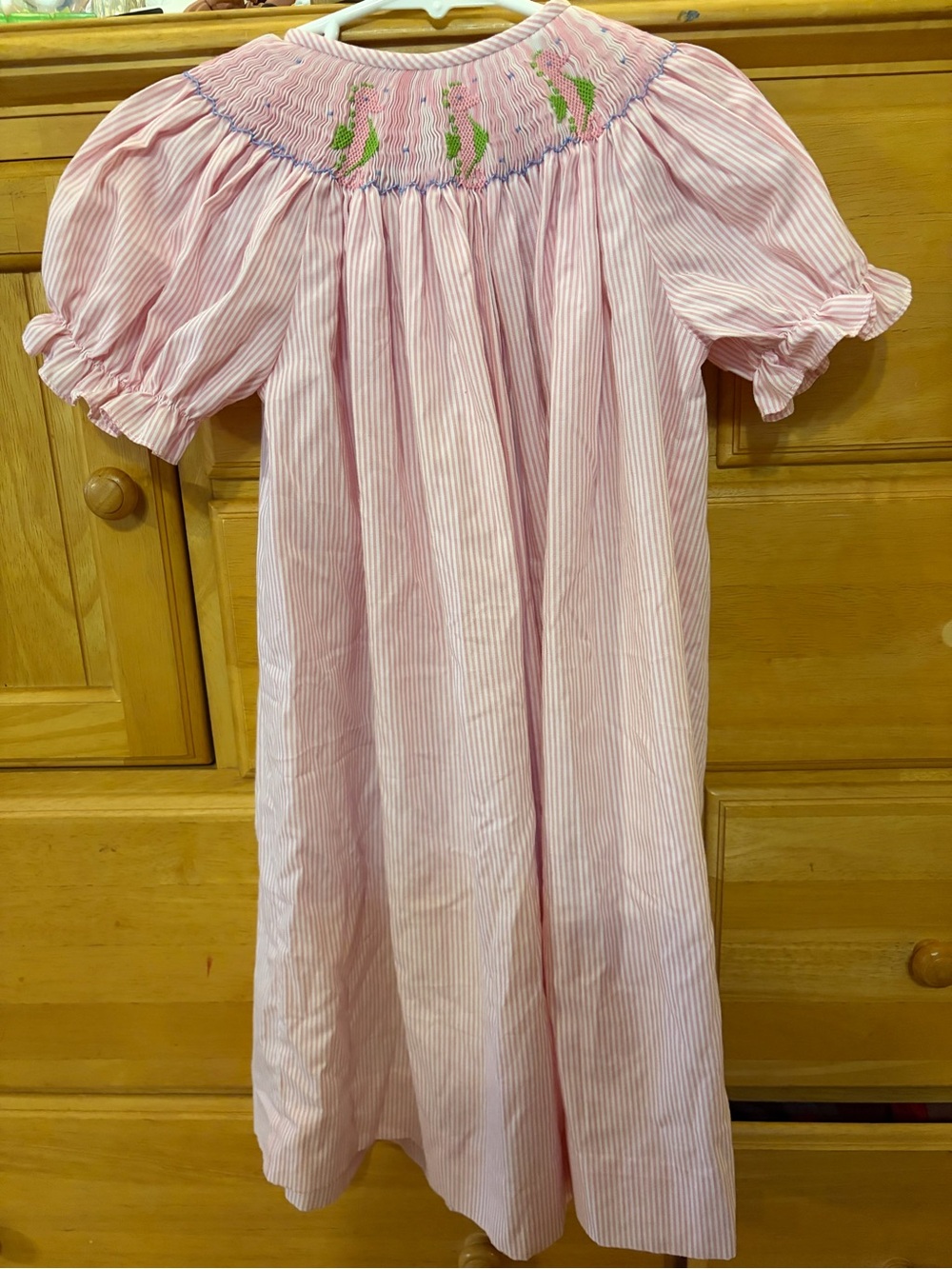 Silly Goose Girls' Bishop Dress with Puff Sleeves and Seahorse Smocking Size 4T